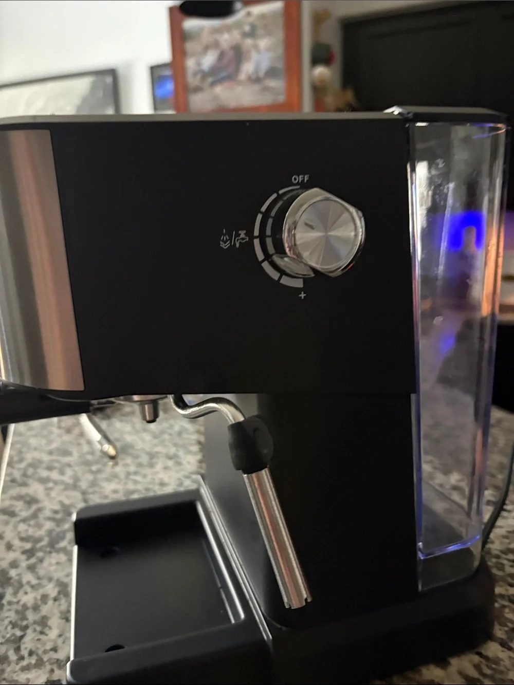 Stainless Steel and Black Espresso Machine with Steam Wand